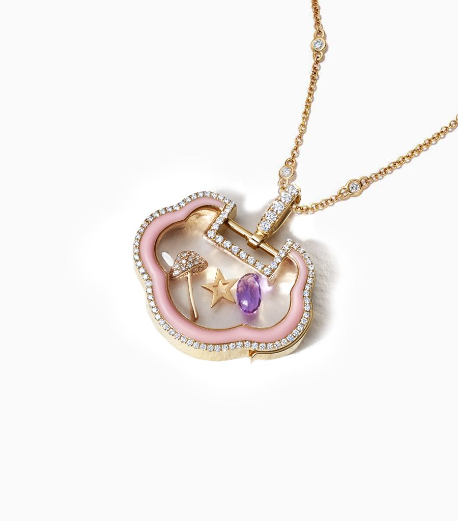 14k yellow solid gold locket pendant with diamonds and pink enamel