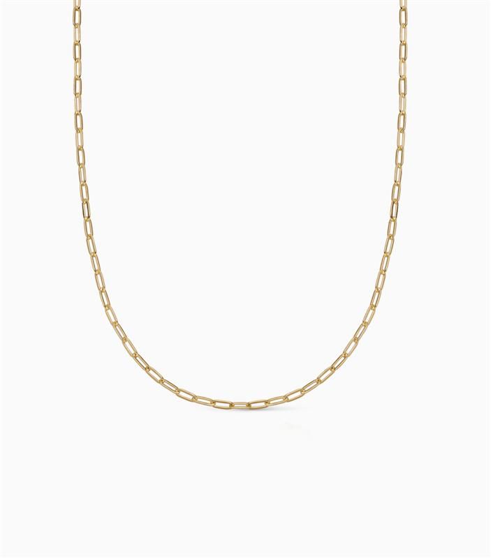 hanging 18 inch fine paper clip chain in 9k yellow gold by loquet London