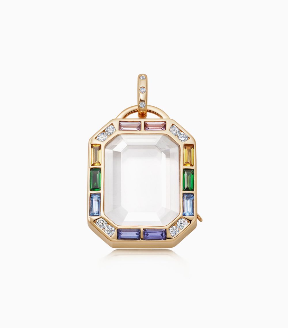 18kt yellow gold sapphire baguette rainbow locket for her charm necklace women fine jewellery
