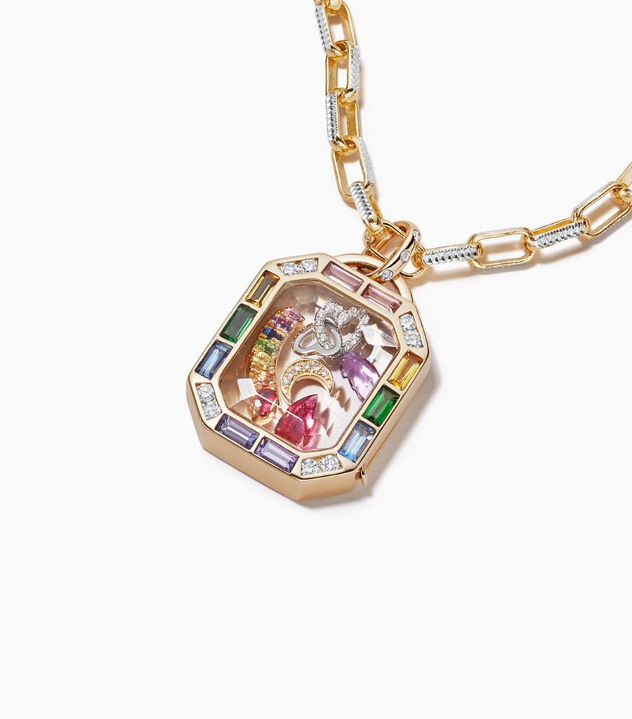 Locket baguette rainbow necklace by Loquet London styled with charms