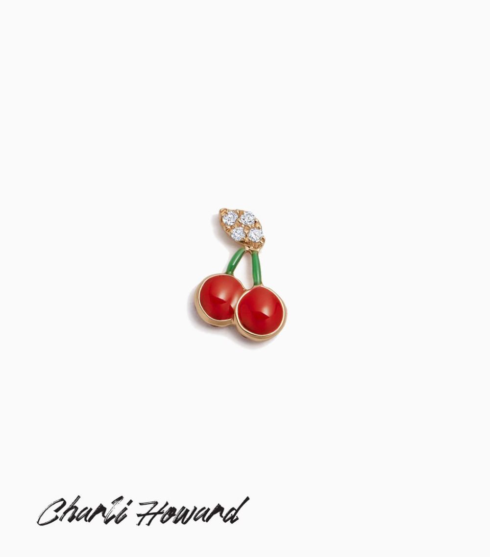 18kt solid yellow gold diamond enamel cherry fruit charm for her charms for change locket pendant