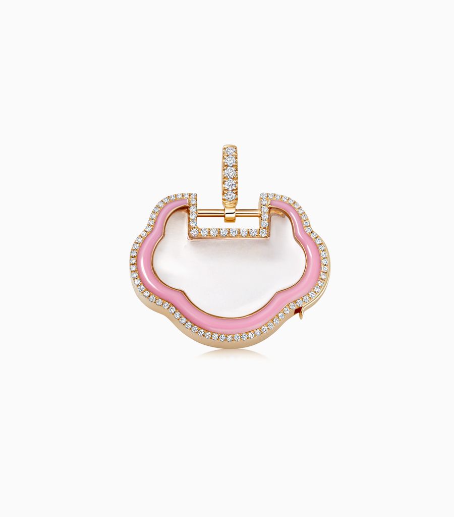 14k yellow solid gold locket pendant with diamonds and pink enamel