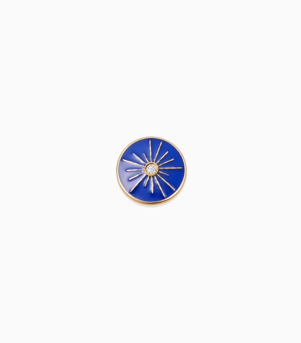 18k yellow gold compass charm with diamond and blue enamel designed by Lili Buffet for Loquet London