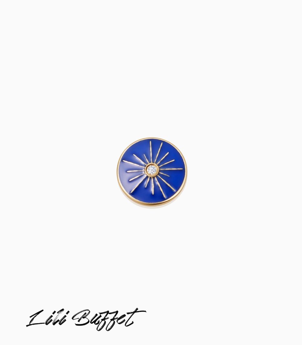 18k yellow gold compass charm with diamond and blue enamel designed by Lili Buffet for Loquet London