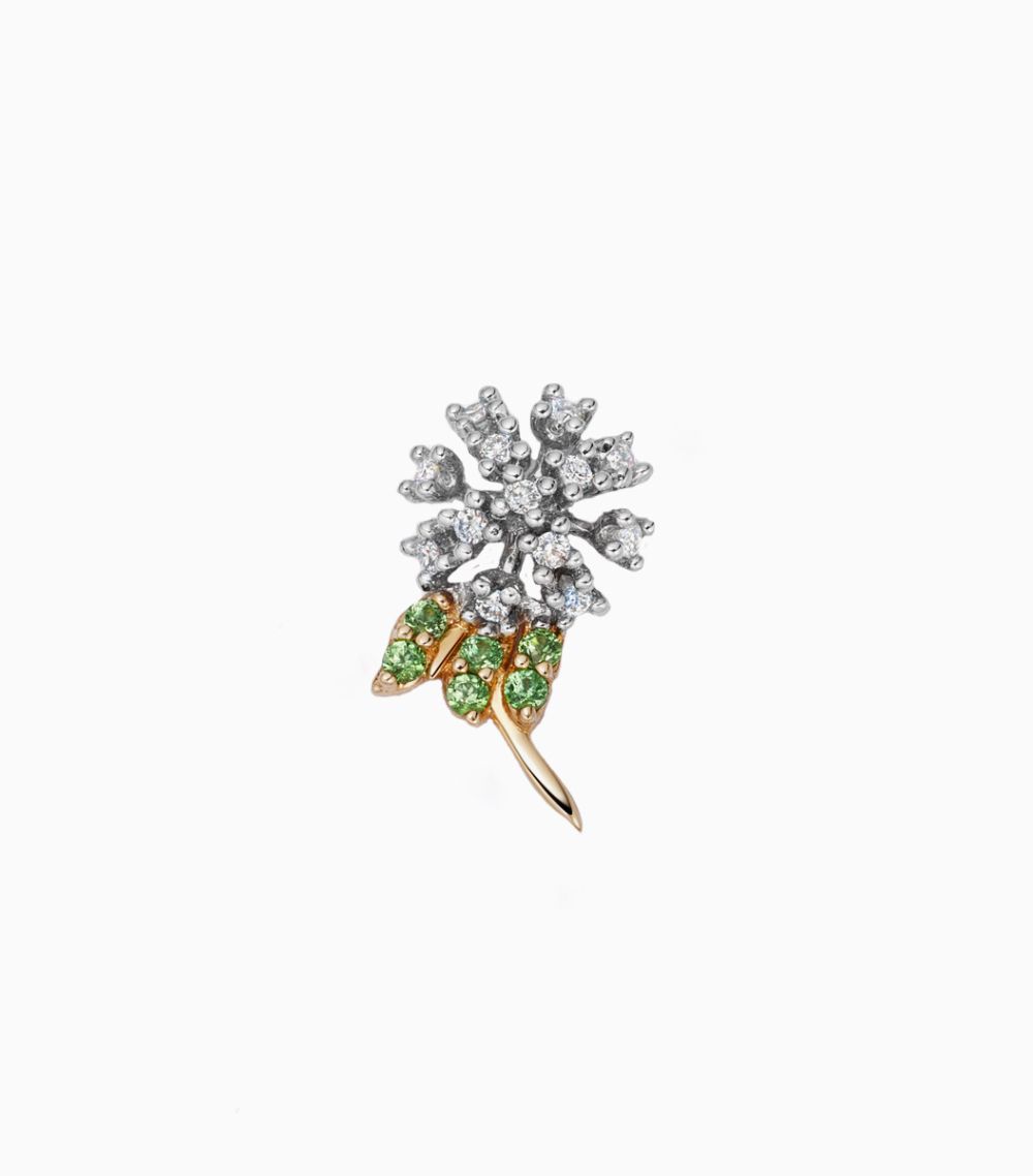 18k white and yellow gold dandelion flower charm with diamonds and tsavorites