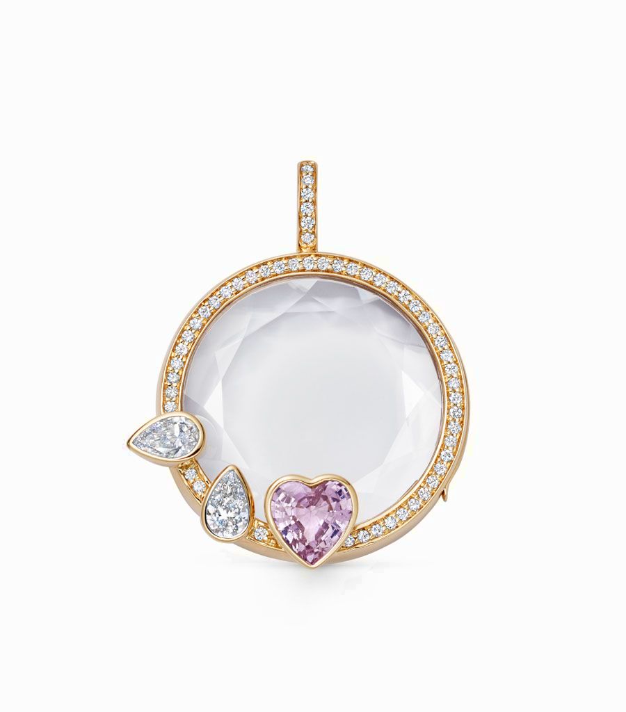 Diamond and pink sapphire 18k yellow gold locket by Loquet London