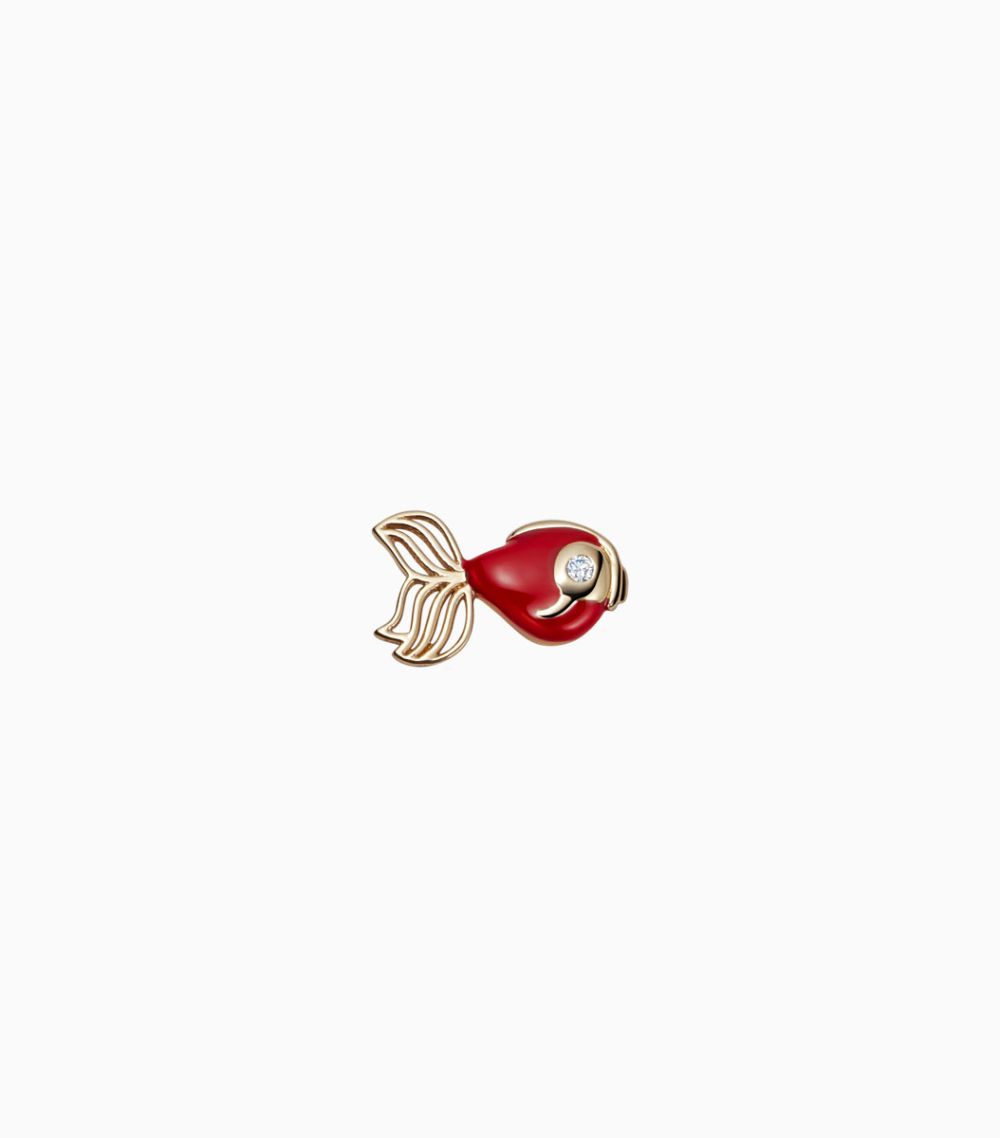 goldfish locket charm hand cast in 18k yellow gold and red enamel with a diamond eye
