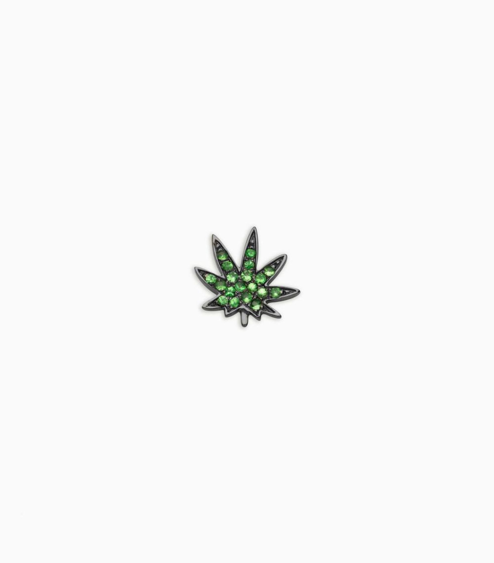 18kt solid black gold green tsavorites hemp leaf weed chill charm for her locket pendant 