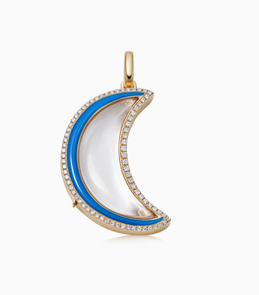 14k lunar locket pendant necklace in yellow gold set with diamonds and blue enamel