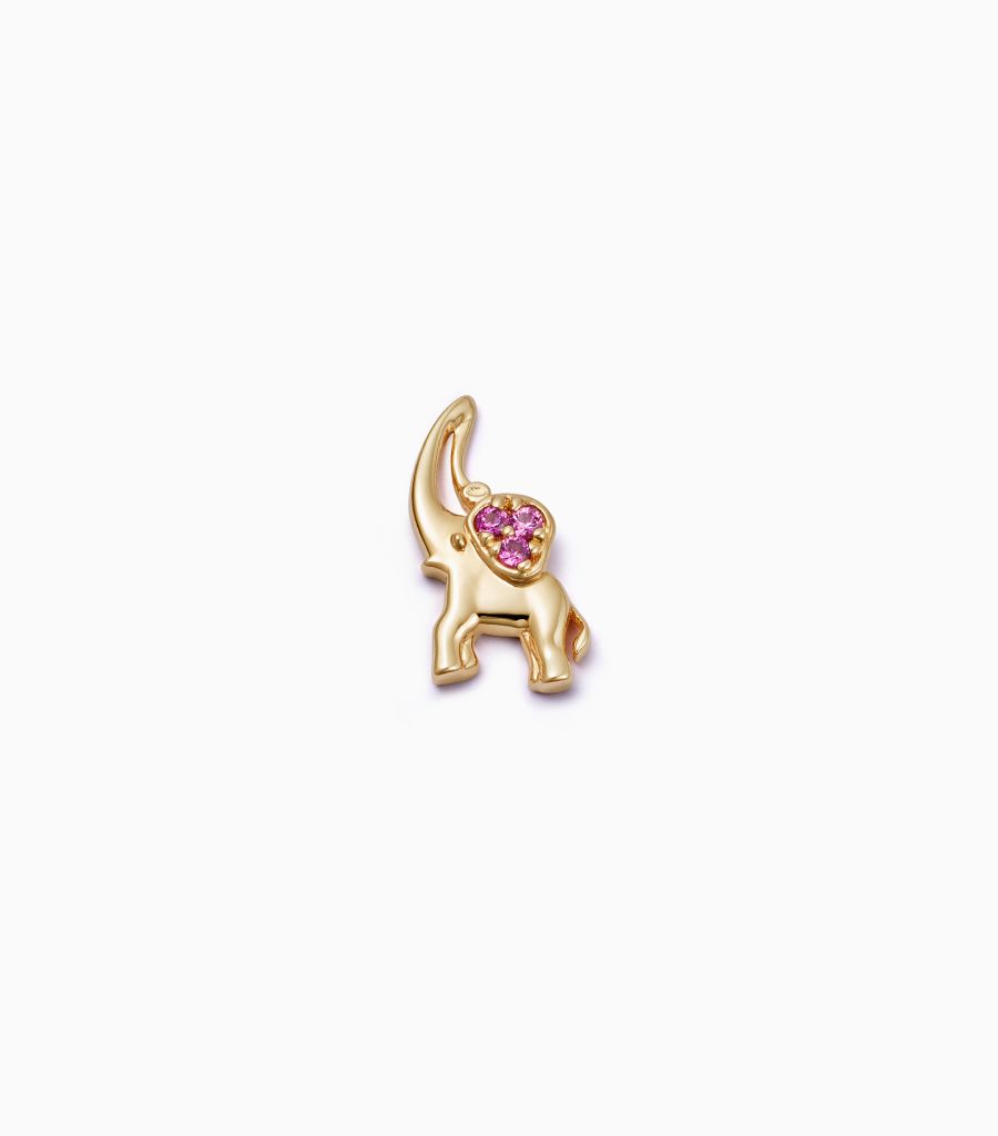 18k gold elephant charm with vibrant pink sapphire, a symbol of luck and elegance by Loquet London