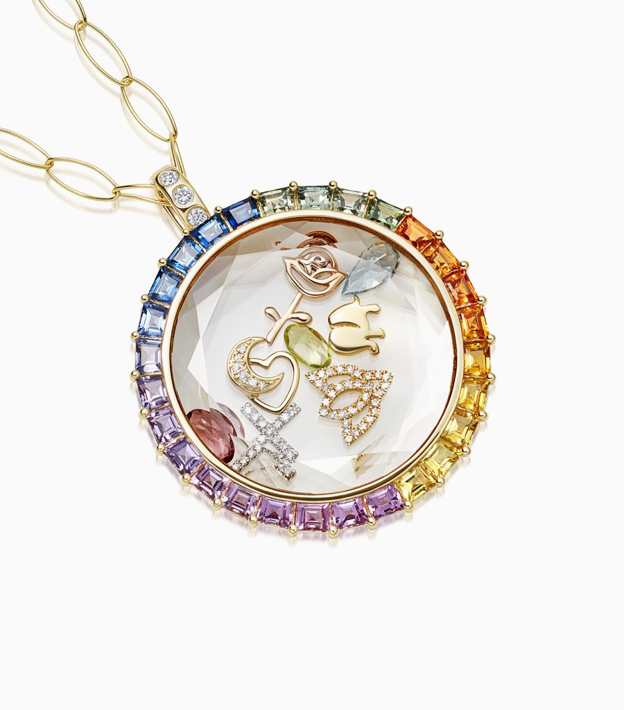 14k large sapphire rainbow locket designed and styled with 18k gold charms and gold chain by Loquet London