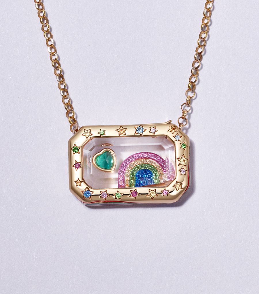 pre-made locket styled with a rainbow charm and an emerald charm