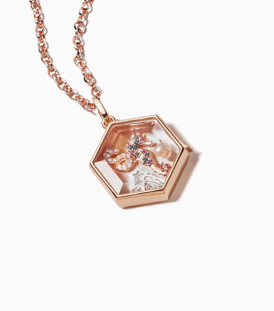 14KT Karat Hexagon Faceted Rose Gold Crystal Locket For Her Personalised Gift Pendant Necklace Charms Anniversary Birthday Wedding