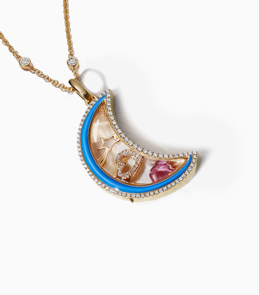 14k lunar locket pendant necklace in yellow gold set with diamonds and blue enamel