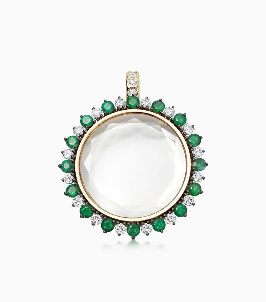 Emerald and diamonds locket necklace styled with 18k gold charms by Loquet London