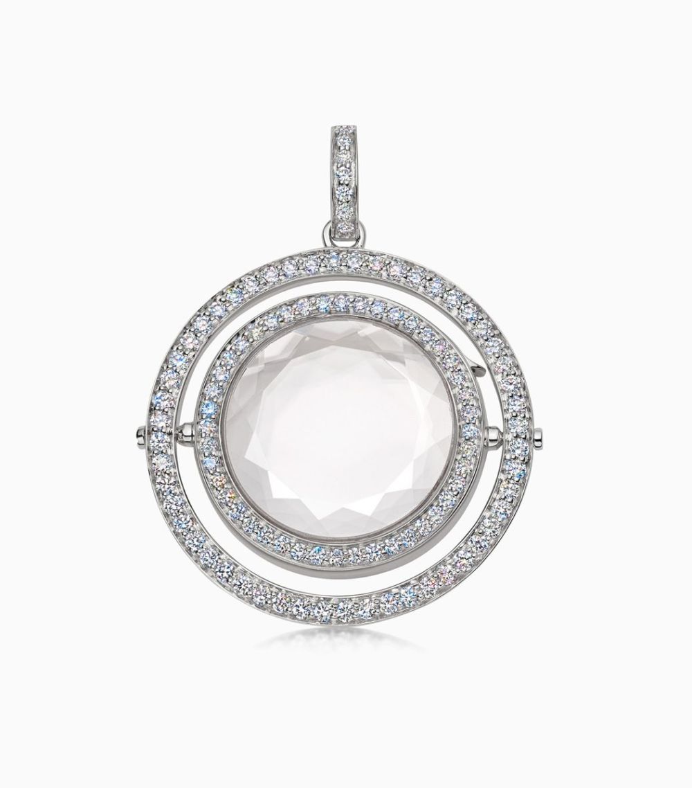 Diamond revolving locket necklace styled with 18k charms by Loquet London