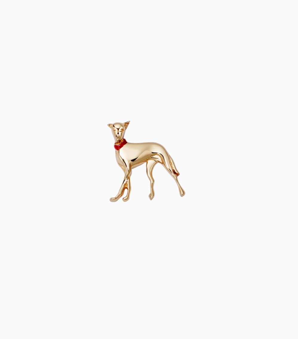 18k yellow gold whippet dog charm with red enamel collar 