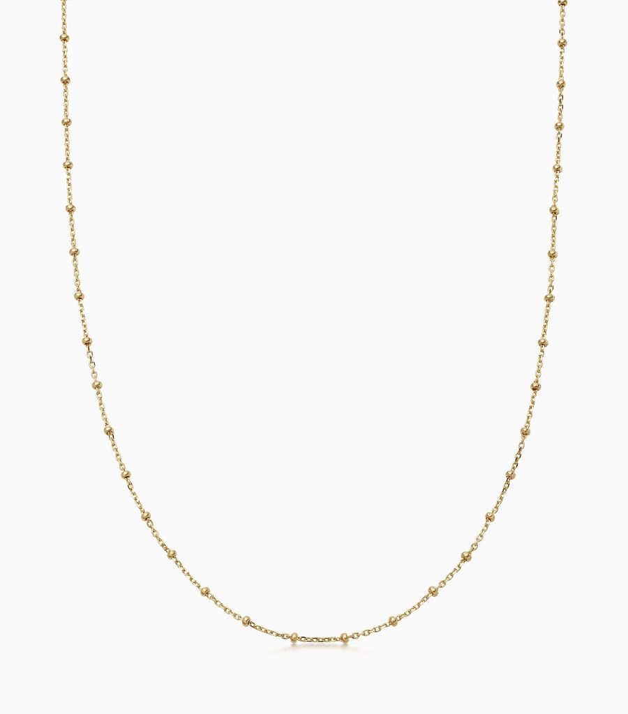 14 carat yellow gold, 32 inch, fine gauge chain with gold balls along its length. Includes an adjustable sliding ball, so that the necklace can be worn at any length. 