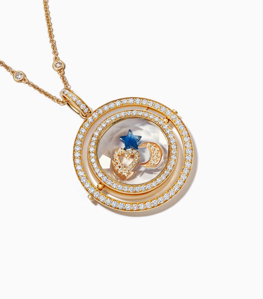18KT Karat Diamond Round Revolving Locket Yellow Gold Faceted Crystal Personalised Fine Jewellery For Her Gift 
